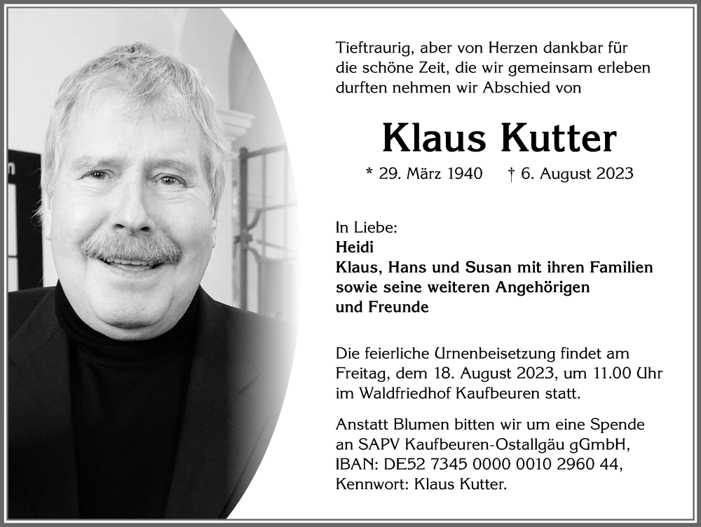 Traueranzeige von Klaus Kutter von Allgäuer Zeitung, Kaufbeuren/Buchloe