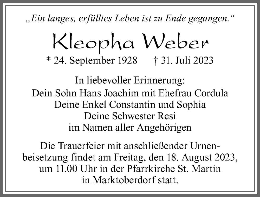 Traueranzeige von Kleopha Weber von Allgäuer Zeitung, Marktoberdorf