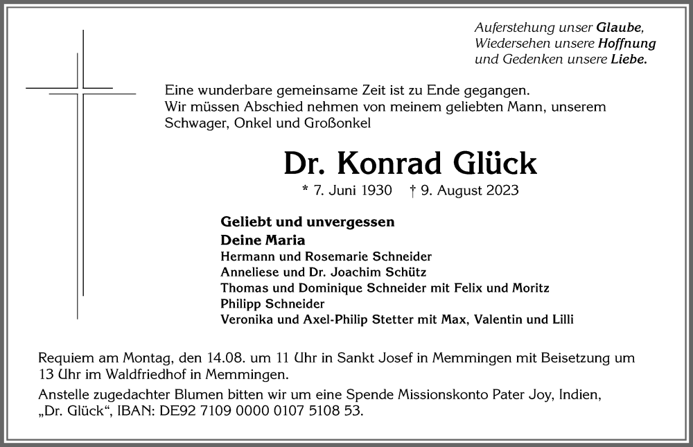 Traueranzeige von Konrad Glück von Memminger Zeitung