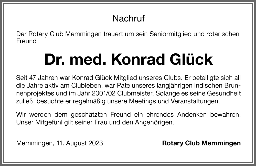 Traueranzeige von Konrad Glück von Memminger Zeitung