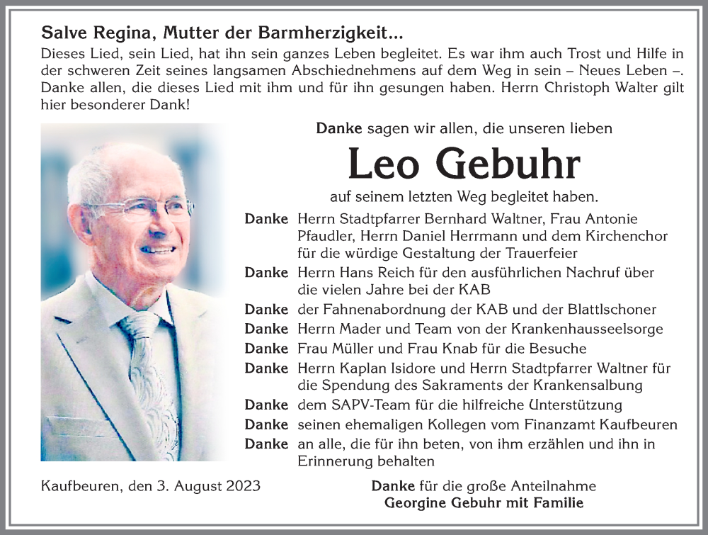 Traueranzeige von Leo Gebuhr von Allgäuer Zeitung, Kaufbeuren/Buchloe