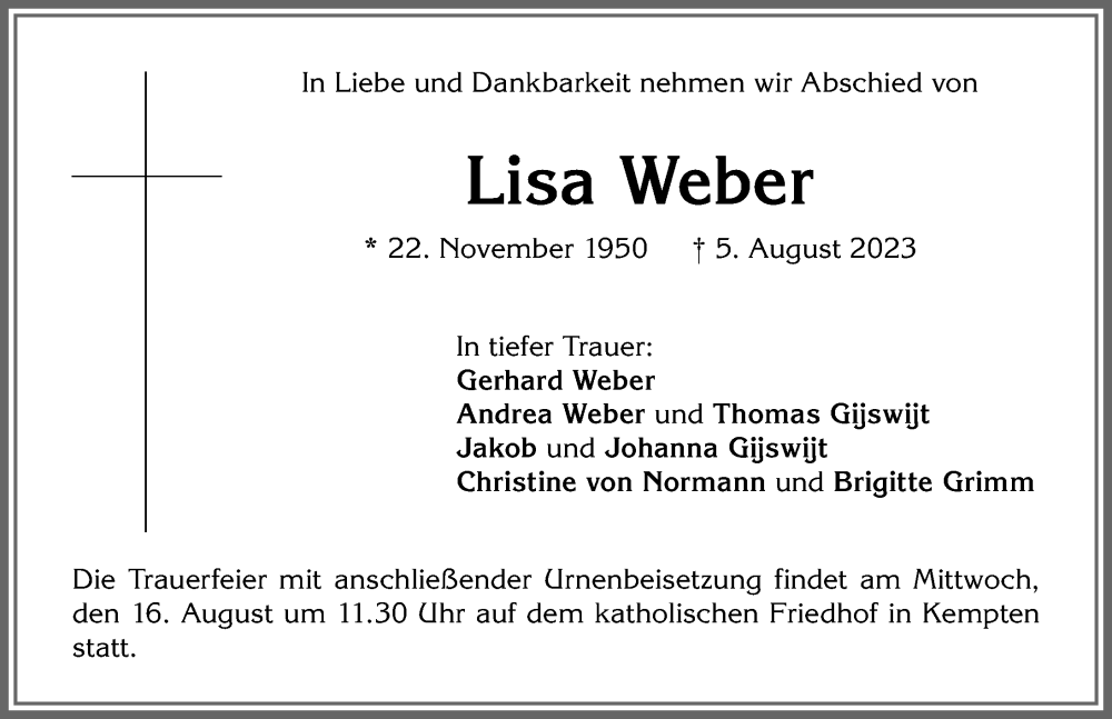 Traueranzeige von Lisa Weber von Allgäuer Zeitung,Kempten