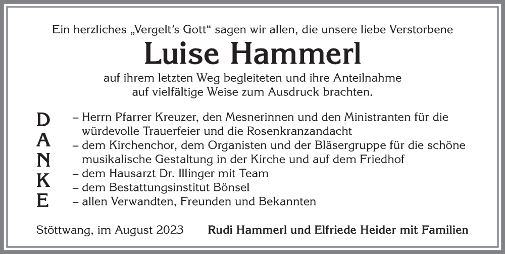 Traueranzeige von Luise Hammerl von Allgäuer Zeitung, Kaufbeuren/Buchloe