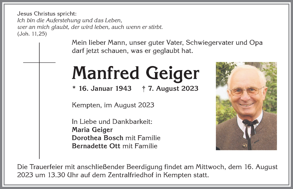 Traueranzeige von Manfred Geiger von Allgäuer Zeitung,Kempten