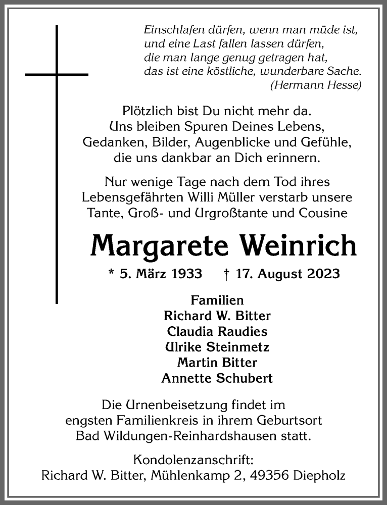 Traueranzeige von Margarete Weinrich von Allgäuer Anzeigeblatt