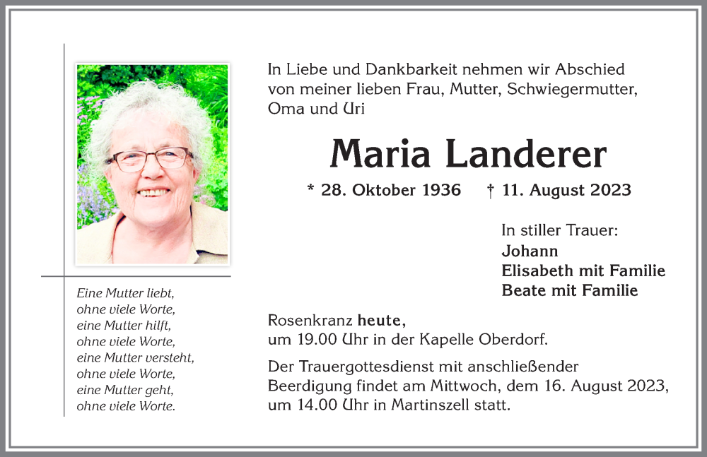 Traueranzeige von Maria Landerer von Allgäuer Zeitung,Kempten