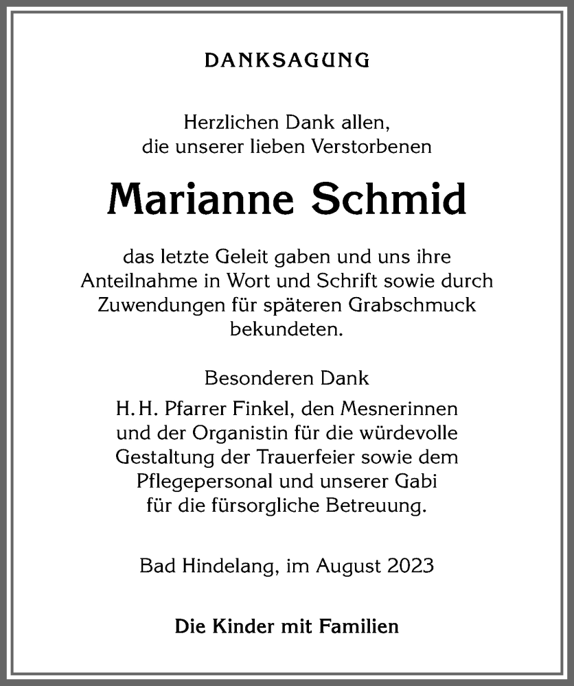 Traueranzeige von Marianne Schmid von Allgäuer Anzeigeblatt