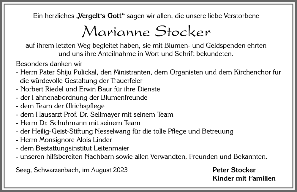 Traueranzeige von Marianne Stocker von Allgäuer Zeitung, Füssen