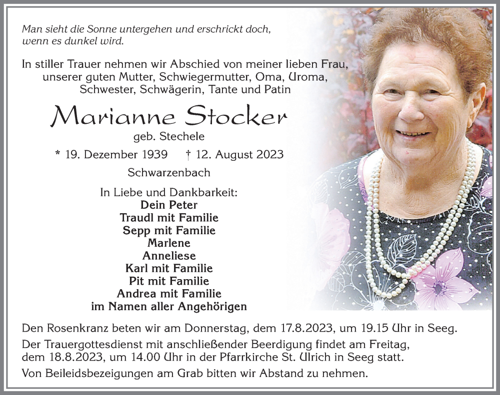 Traueranzeige von Marianne Stocker von Allgäuer Zeitung, Füssen