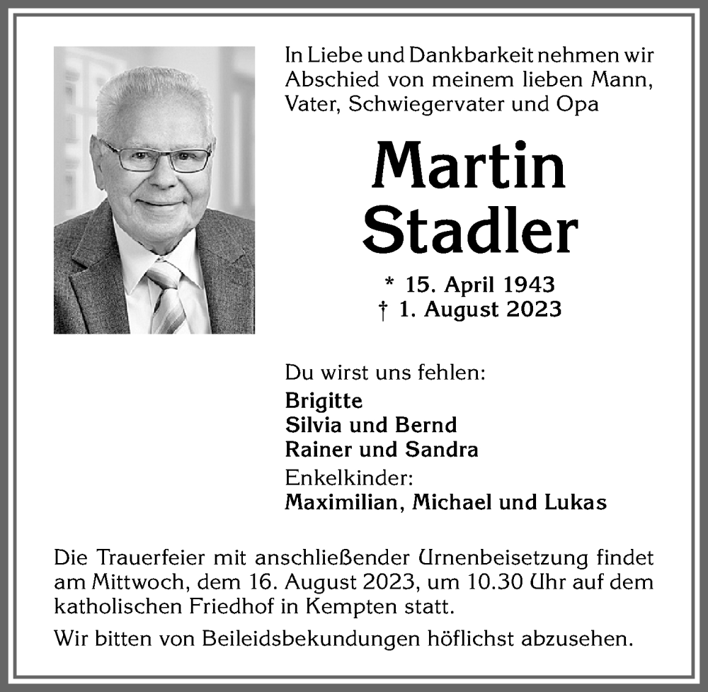 Traueranzeige von Martin Stadler von Allgäuer Zeitung,Kempten