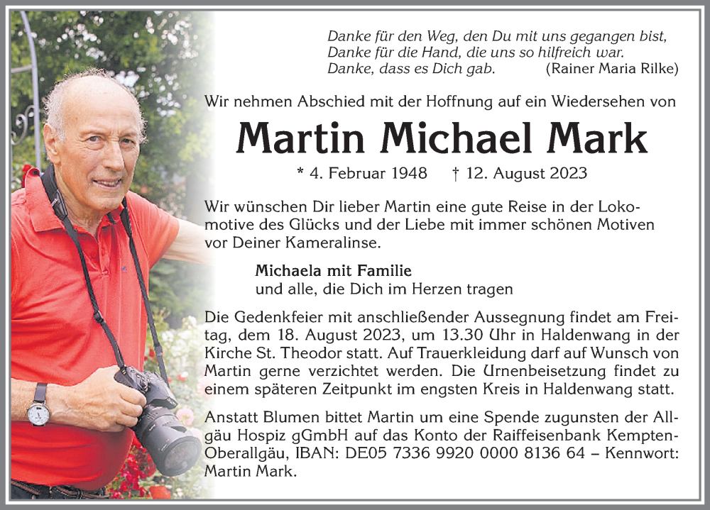  Traueranzeige für Martin Michael Mark vom 16.08.2023 aus Allgäuer Zeitung,Kempten