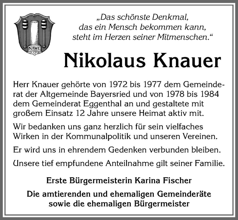 Traueranzeige von Nikolaus Knauer von Allgäuer Zeitung, Marktoberdorf