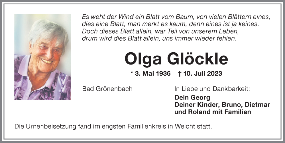 Traueranzeige von Olga Glöckle von Memminger Zeitung