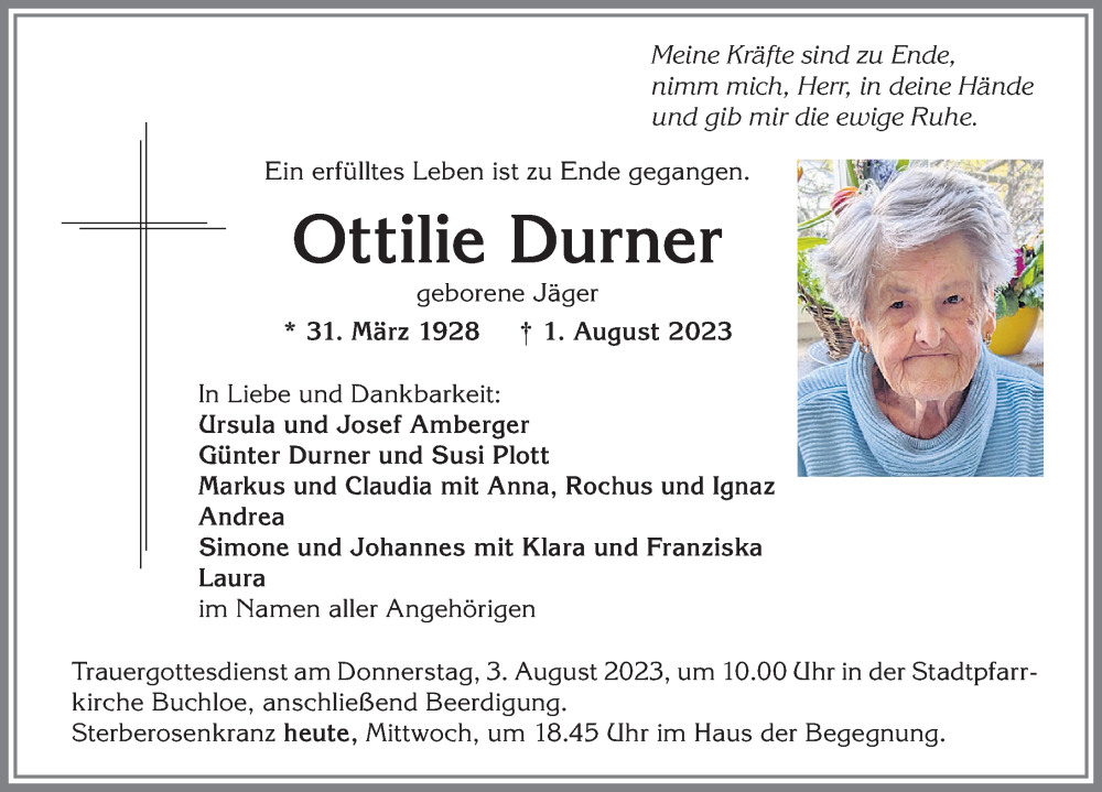 Traueranzeige von Ottilie Durner von Allgäuer Zeitung, Kaufbeuren/Buchloe