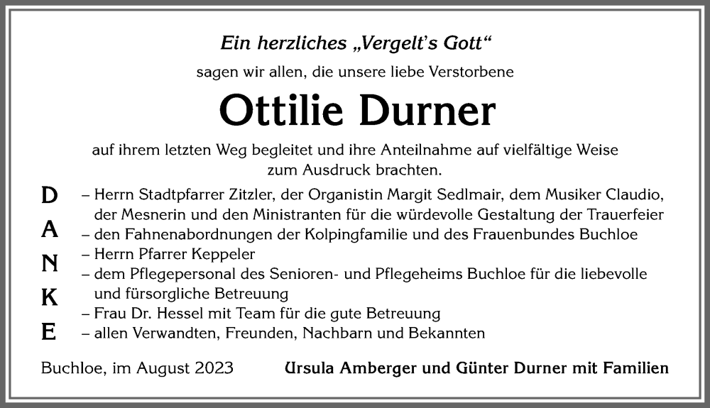 Traueranzeige von Ottilie Durner von Allgäuer Zeitung, Kaufbeuren/Buchloe