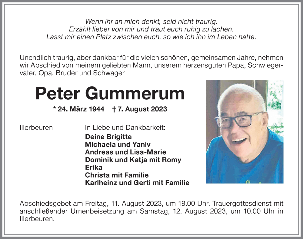  Traueranzeige für Peter Gummerum vom 09.08.2023 aus Memminger Zeitung