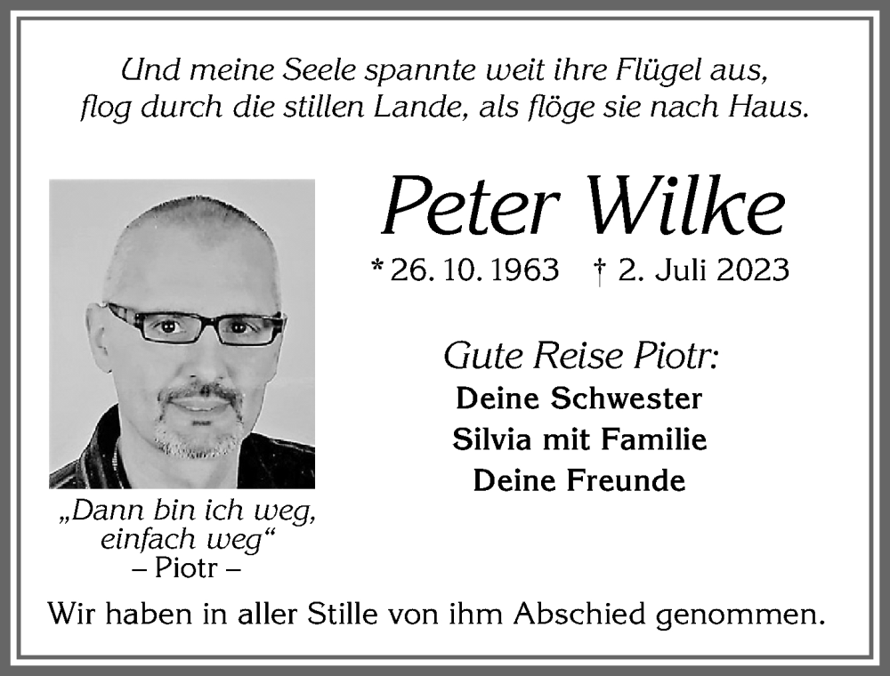 Traueranzeige von Peter Wilke von Allgäuer Zeitung, Kaufbeuren/Buchloe