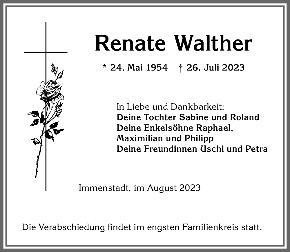 Traueranzeigen von Renate Walther | Augsburger Allgemeine Zeitung