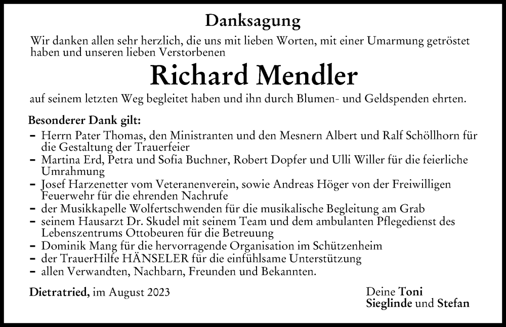 Traueranzeige von Richard Mendler von Memminger Zeitung