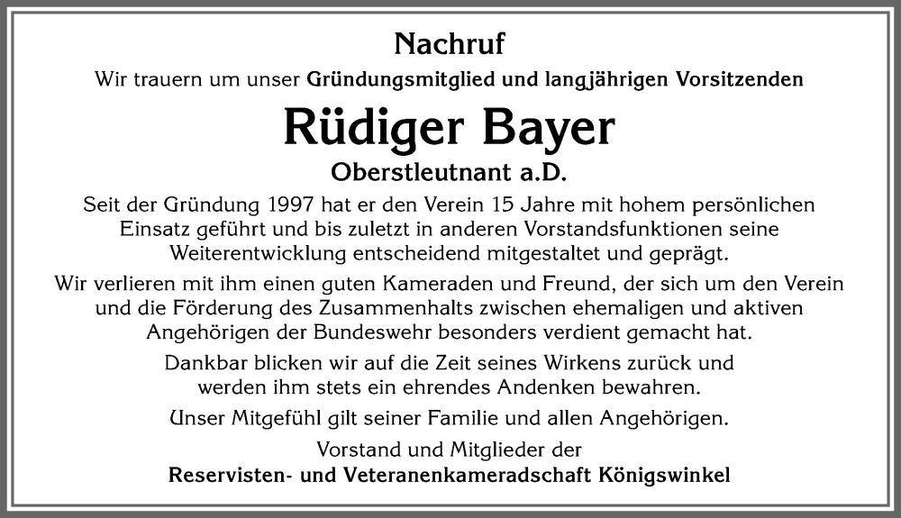 Traueranzeige von Rüdiger Bayer von Allgäuer Zeitung, Füssen