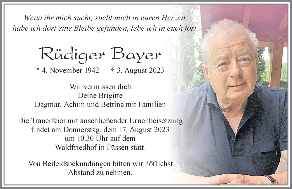 Traueranzeige von Rüdiger Bayer von Allgäuer Zeitung, Füssen