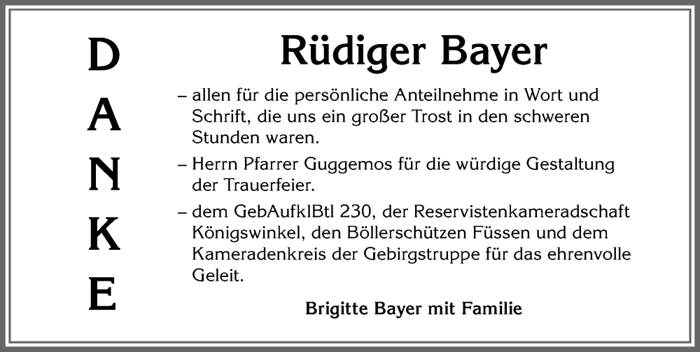 Traueranzeige von Rüdiger Bayer von Allgäuer Zeitung, Füssen