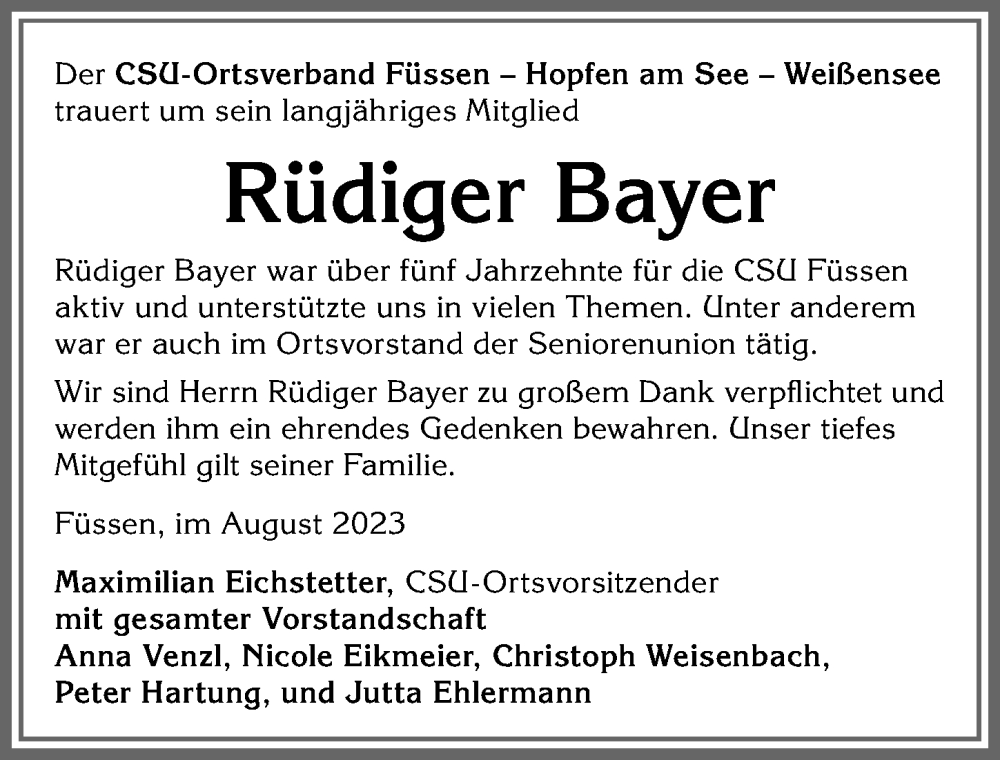 Traueranzeige von Rüdiger Bayer von Allgäuer Zeitung, Füssen