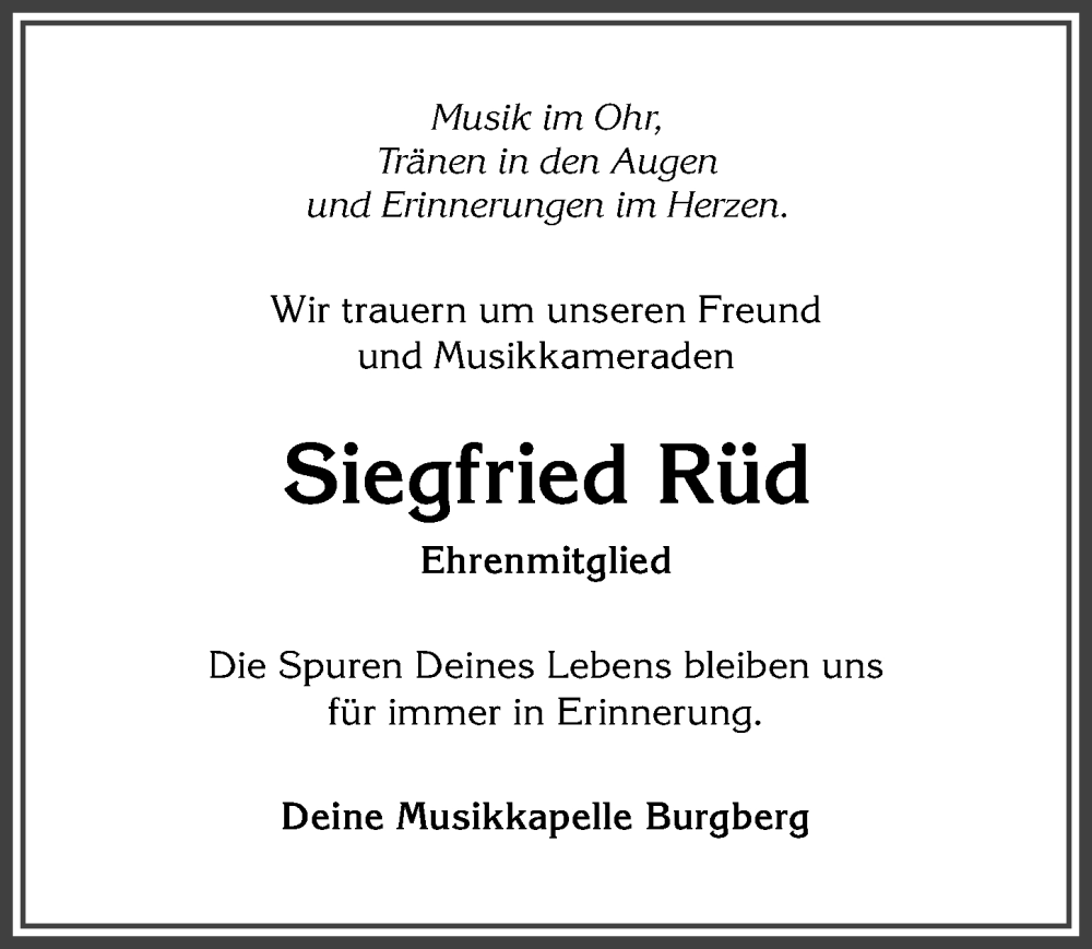 Traueranzeige von Siegfried Rüd von Allgäuer Anzeigeblatt