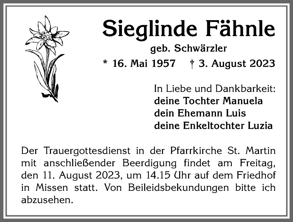 Traueranzeige von Sieglinde Fähnle von Der Westallgäuer