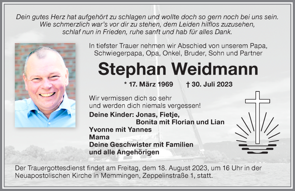  Traueranzeige für Stephan Weidmann vom 05.08.2023 aus Memminger Zeitung
