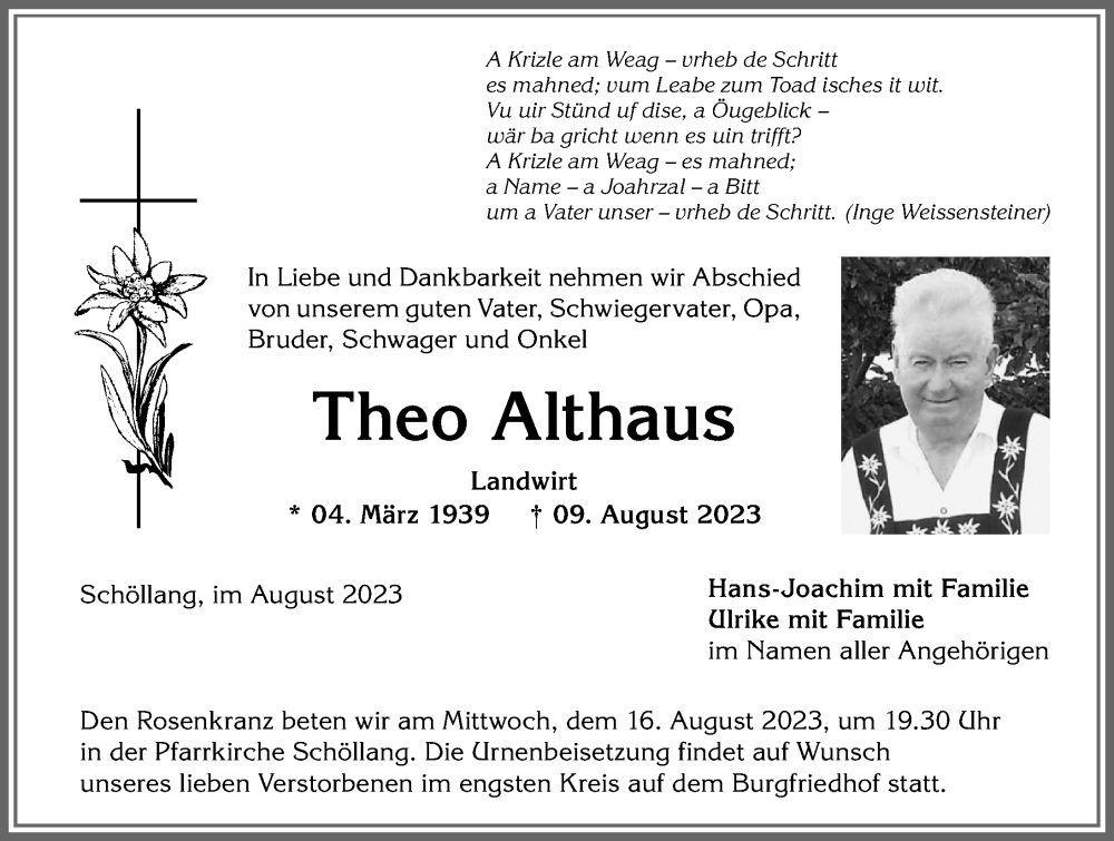 Traueranzeige von Theo Althaus von Allgäuer Anzeigeblatt