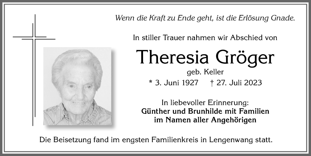 Traueranzeige von Theresia Gröger von Allgäuer Zeitung, Marktoberdorf