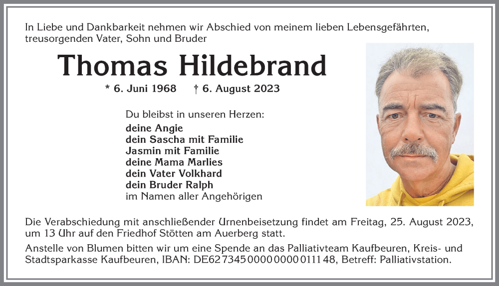  Traueranzeige für Thomas Hildebrand vom 24.08.2023 aus Allgäuer Zeitung, Marktoberdorf