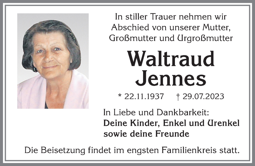 Traueranzeige von Waltraud Jennes von Allgäuer Zeitung,Kempten