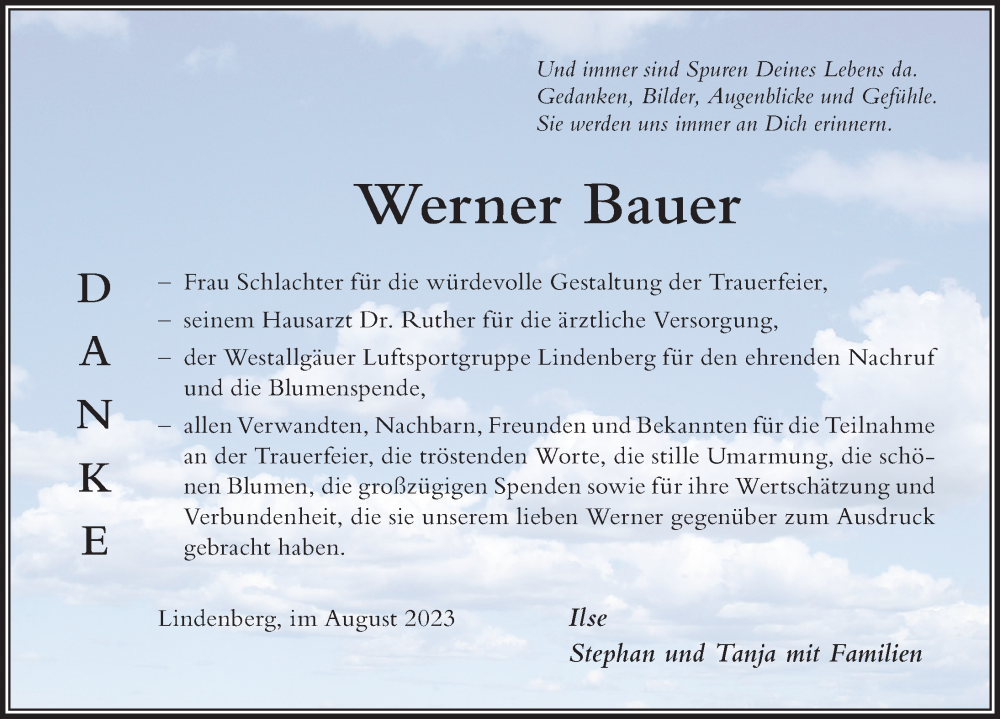 Traueranzeige von Werner Bauer von Der Westallgäuer