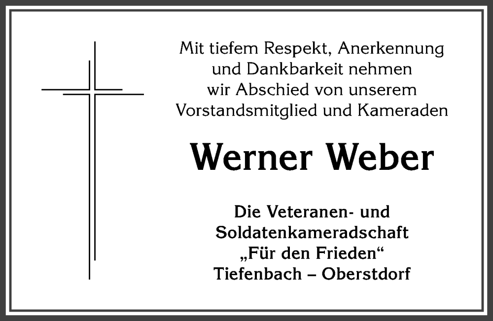 Traueranzeige von Werner Weber von Allgäuer Anzeigeblatt