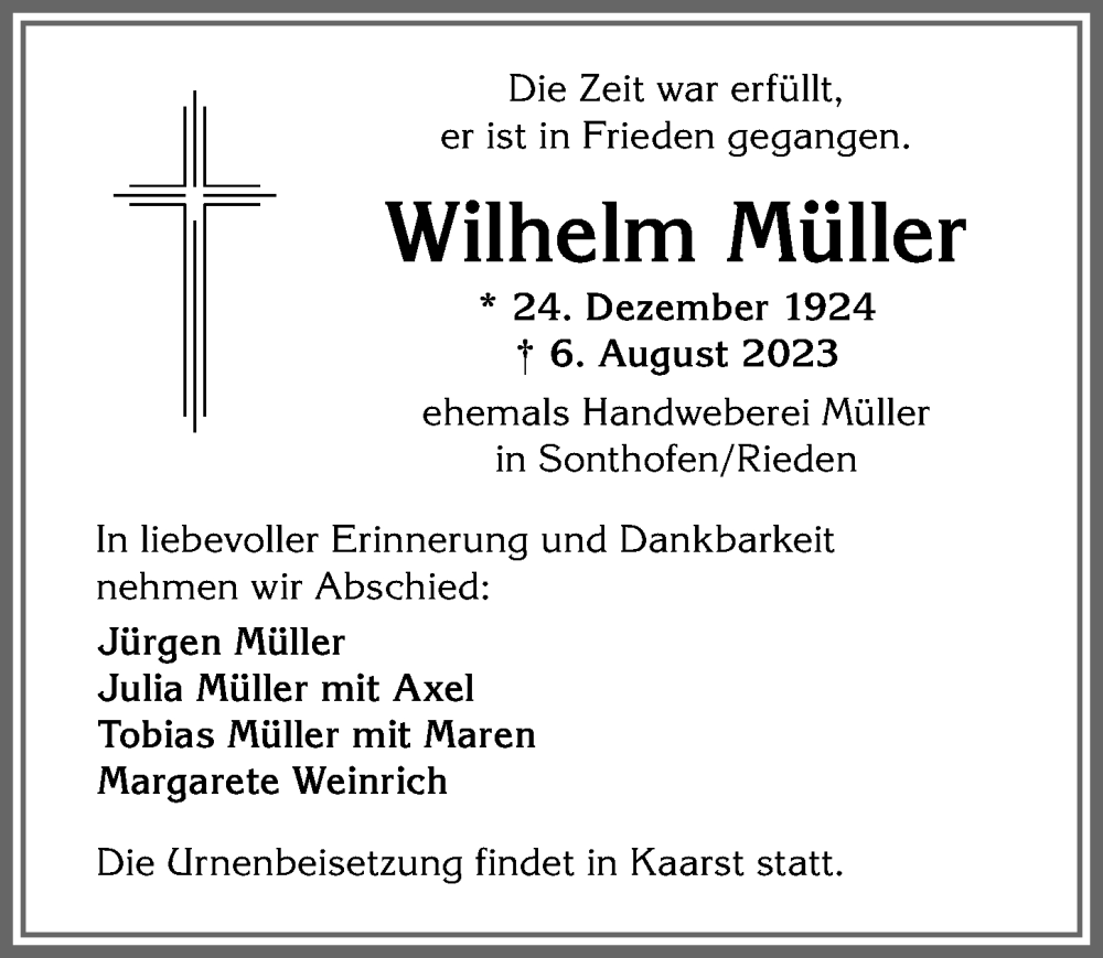 Traueranzeige von Wilhelm Müller von Allgäuer Anzeigeblatt