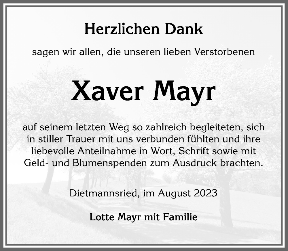 Traueranzeige von Xaver Mayr von Allgäuer Zeitung,Kempten