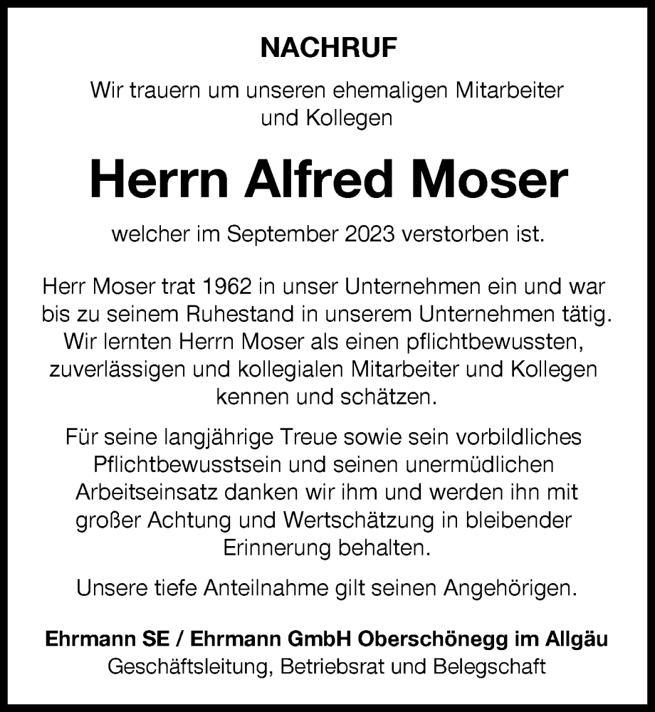 Traueranzeige von Alfred Moser von Augsburger Allgemeine, Illertisser Zeitung