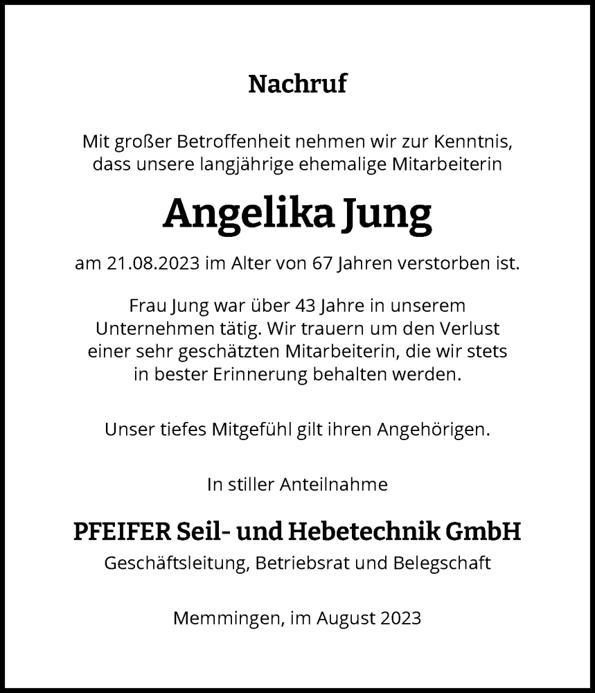 Traueranzeige von Angelika Jung von Memminger Zeitung