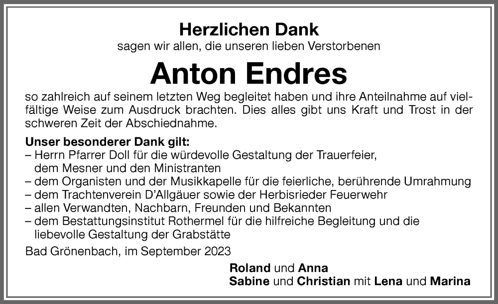 Traueranzeige von Anton Endres von Memminger Zeitung