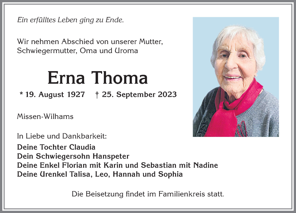 Traueranzeige von Erna Thoma von Allgäuer Anzeigeblatt