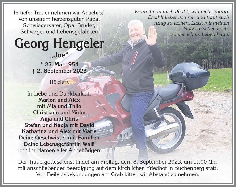  Traueranzeige für Georg Hengeler vom 06.09.2023 aus Allgäuer Zeitung,Kempten