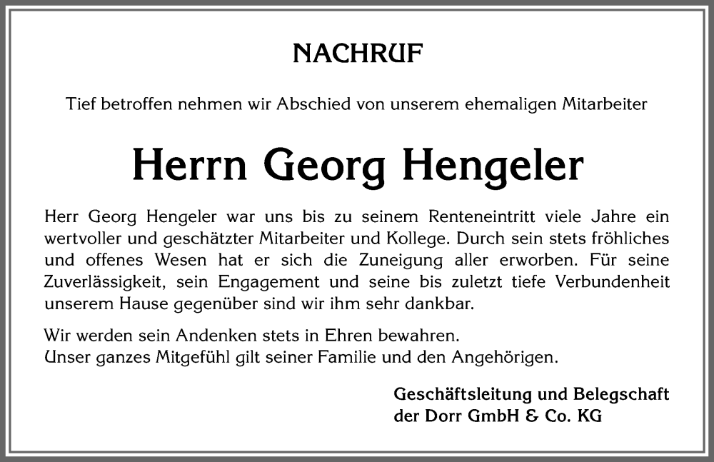  Traueranzeige für Georg Hengeler vom 09.09.2023 aus Allgäuer Zeitung,Kempten