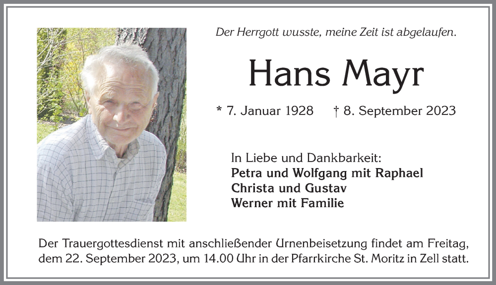 Traueranzeige von Hans Mayr von Allgäuer Zeitung, Füssen