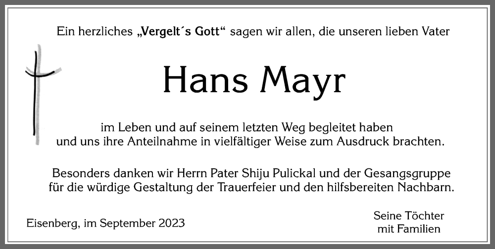 Traueranzeige von Hans Mayr von Allgäuer Zeitung, Füssen