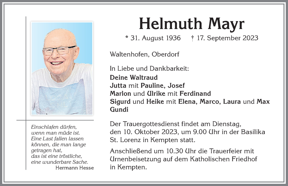  Traueranzeige für Helmuth Mayr vom 23.09.2023 aus Mindelheimer Zeitung, Augsburger Allgemeine