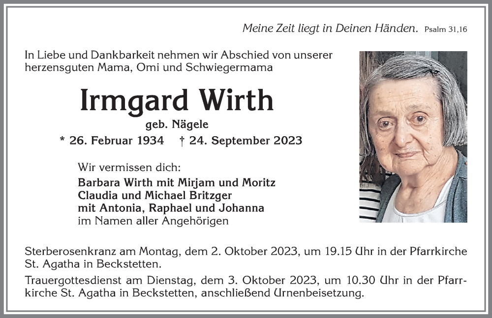 Traueranzeige von Irmgard Wirth von Allgäuer Zeitung, Kaufbeuren/Buchloe