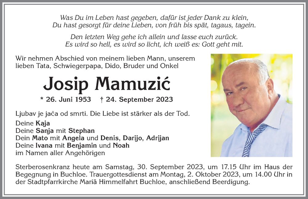 Traueranzeige von Josip Mamuzic von Allgäuer Zeitung, Kaufbeuren/Buchloe