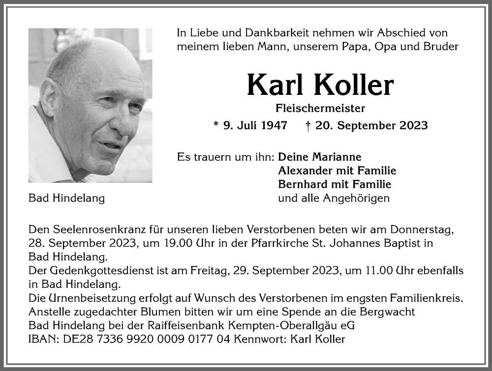 Traueranzeige von Karl Koller von Allgäuer Anzeigeblatt
